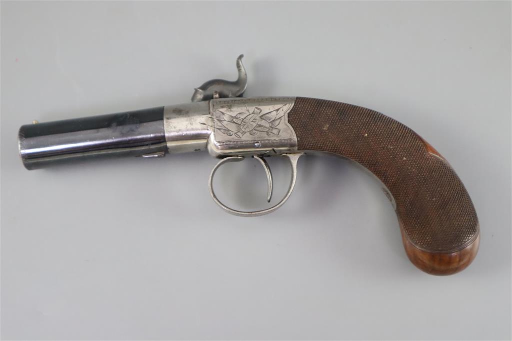 An early 19th century twin barrel flintlock pocket pistol, by Jn. & Geo. Jones of London, length 7.5in